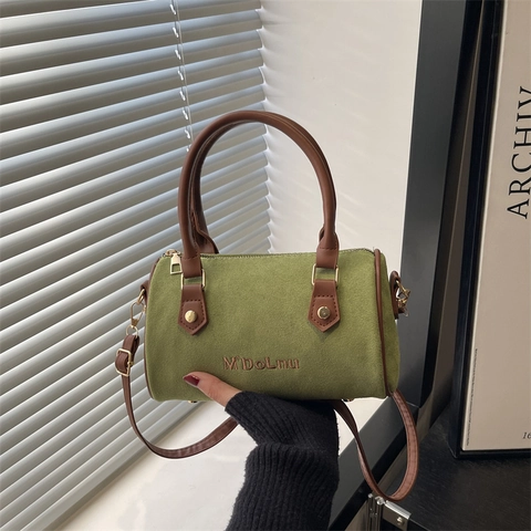 Women PU Suede Texture Boston Bag Fashion Letter Embroidery Shoulder Crossbody Bag Handbag For Daily Work Fashion Travel