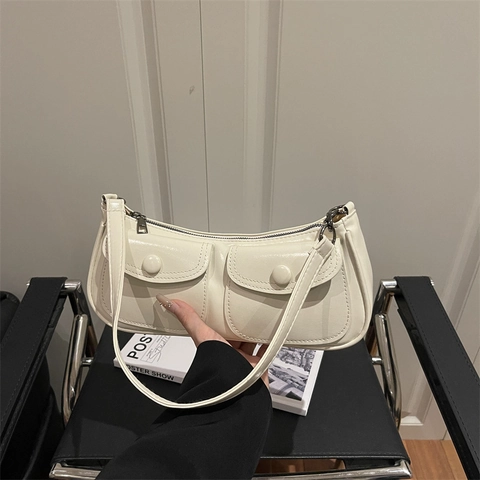 Women Vintage PU Leather Shoulder Bag Solid Color Underarm Bag With Double Pocket Fashion Large Capacity Daily Crossbody Bag