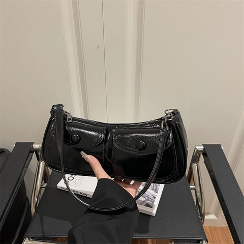 Women Vintage PU Leather Shoulder Bag Solid Color Underarm Bag With Double Pocket Fashion Large Capacity Daily Crossbody Bag