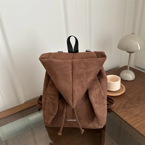 Women Retro PU Leather Backpack Cute Rabbit Ears Drawstring Mini School Bag Casual Daily Travel Rucksack For Girls