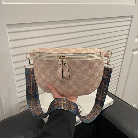 Bolso Cruzado de Media Luna con Monograma Retro Para Mujer Bolso de Pecho de Cuero PU con Correa Ancha Bohemia