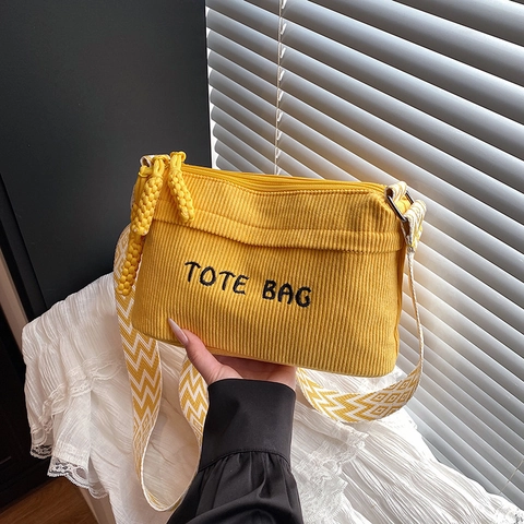 Women Corduroy Shoulder Bag With Letter Embroidery Geometric Pattern Wide Strap Casual Tote Crossbody Bag Fashion Handbag