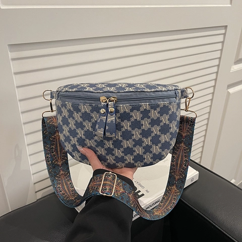 Bolso Cruzado de Media Luna con Monograma Retro Para Mujer Bolso de Pecho de Cuero PU con Correa Ancha Bohemia