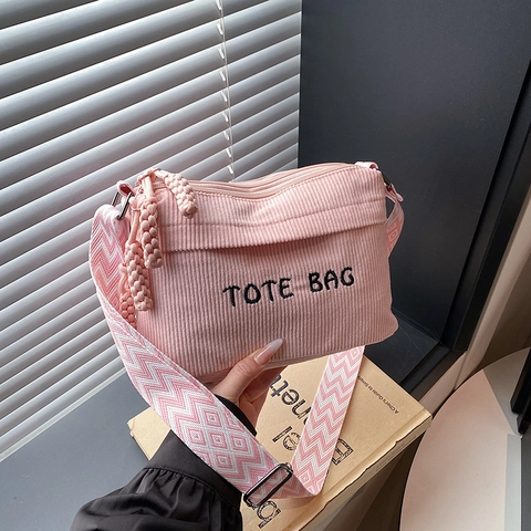 Women Corduroy Shoulder Bag With Letter Embroidery Geometric Pattern Wide Strap Casual Tote Crossbody Bag Fashion Handbag