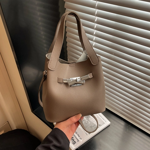 Elegante Borsa a Secchiello in Pelle PU Con Motivo Litchi per Donna Borsa a Mano a Spalla Retrò di Grande Capacità Con Chiusura in Metallo