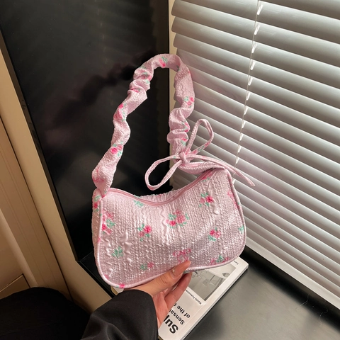 Borsa da Ascella Plissettata Floreale Dolce Giapponese per Donna Motivo a Rose Fiocco Arredamento Borsa a Tracolla in Pelle PU