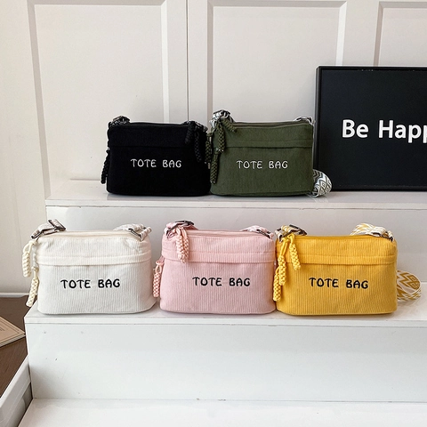 Women's Fashion Corduroy Tote Bag With Letter Embroidery Geometric Wide Strap Casual Crossbody Shoulder Bag Small Square Bag