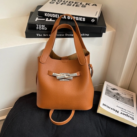 Elegante Borsa a Secchiello in Pelle PU Con Motivo Litchi per Donna Borsa a Mano a Spalla Retrò di Grande Capacità Con Chiusura in Metallo
