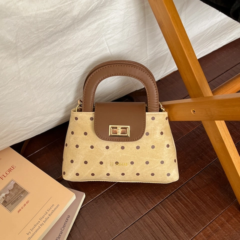 Damen Retro Punktemuster PU Leder Schultertasche Große Kapazität Pendler Handtasche Mit Gold Metallschloss Und Verstellbarem Gurt