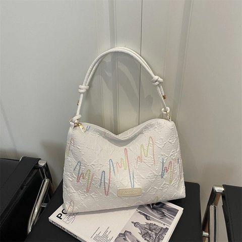 Borsa a Tracolla in Pelle PU Texturizzata da Donna Con Ricamo a Onde Arcobaleno Tracolla con Nodi Borsa a Mano Capiente Casual