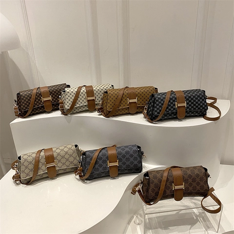 Vintage PU Leder Geometrischer Druck Klappe Schultertasche Trendige Nähte Mittlere Quadratische Unterarm Handtasche Für Damen