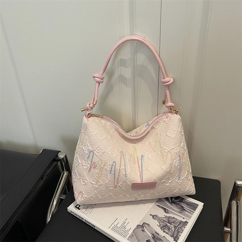 Borsa a Tracolla in Pelle PU Texturizzata da Donna Con Ricamo a Onde Arcobaleno Tracolla con Nodi Borsa a Mano Capiente Casual
