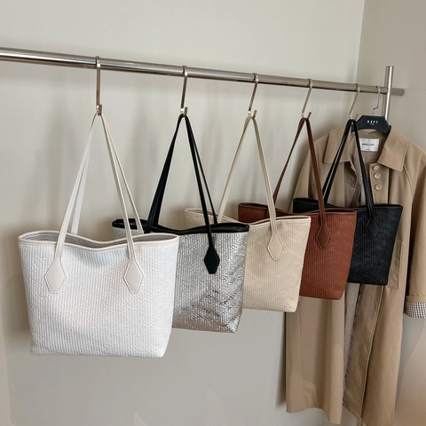 Bolso Tote de Gran Capacidad para Mujer de Cuero PU con Textura Bolso de Hombro Minimalista Versátil Bolso de Mano Diario Color Sólido