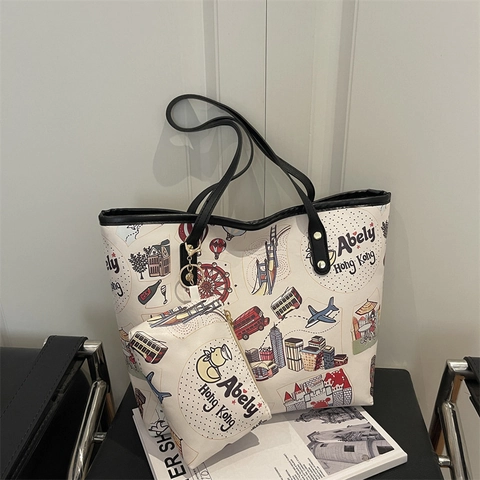 Abely Sac Tote Imprimé Repère Urbain de Hong Kong Avec Petit Sac Grande Capacité Cuir PU Décontracté Sac à Épaule Femme