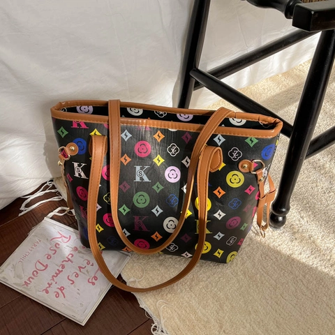 Vintage Große Kapazität Damen Tote Bag Bunte Buchstaben Monogramm Druck PU Leder Casual Mode Umhängetasche Alltag