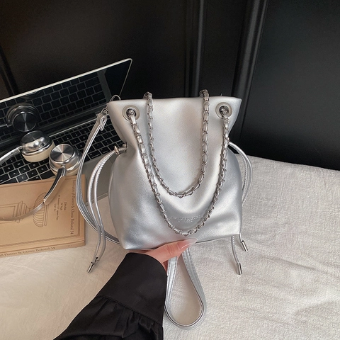 Damen Minimalistische Eimertasche Aus Kunstleder Mit Kordelzug Und Stilvollem Kettenriemen Casual Umhängetasche