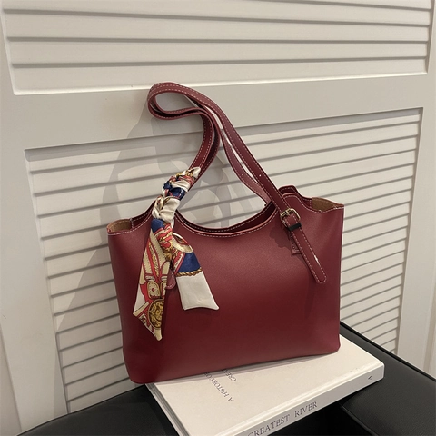 Women Fashion PU Leather Tote Bag Large Capacity Shoulder Bag With Satin Scarf Decor Contrast Stitching Commuter Handbag