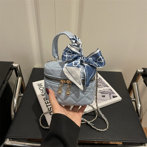 Dames Doorgestikte Ruit Schoudertas PU Leer Vanity Case Crossbody Tas Met Zijden Sjaal Handvat Gouden Ketting Mode Handtas