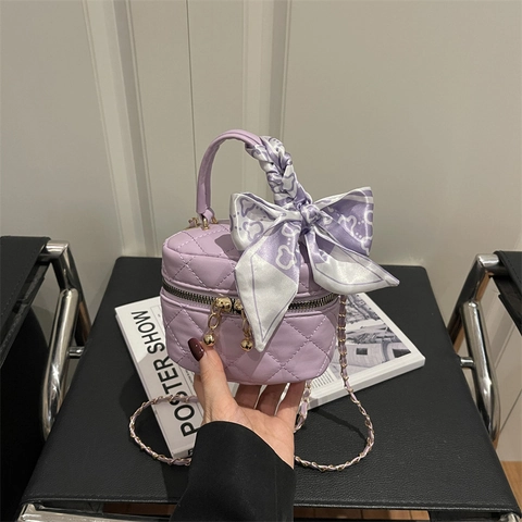 Dames Doorgestikte Ruit Schoudertas PU Leer Vanity Case Crossbody Tas Met Zijden Sjaal Handvat Gouden Ketting Mode Handtas