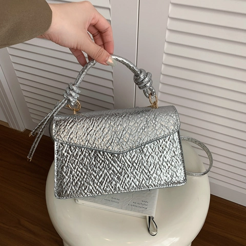 Women Fashion Metallic Pebble Grain Shoulder Bag Knotted Handle PU Leather Commuting Small Square Crossbody Daily Handbag