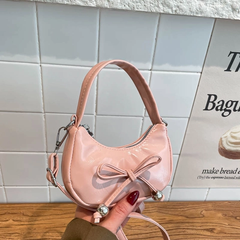 Süße Schleife Lackleder Schultertasche Für Damen Retro PU Handtasche Mini Umhängetasche Mit Silber Metallball Elegant Party Geldbörse