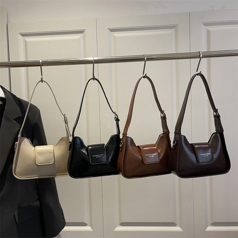 Bolso Baguette de Cuero PU para Mujer Bolso de Axila Simple Casual Moda de Hombro Cruzado Cierre Magnético Color Sólido