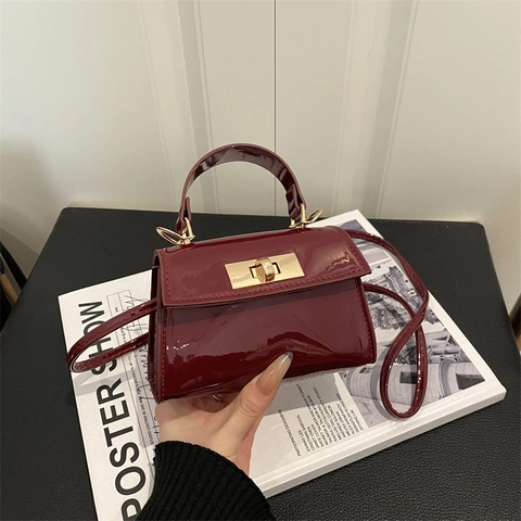 Minimalist Solid Color Mini Handbag For Women Fashion Patent Leather Crossbody Bag Vintage Square Satchel With Gold Lock