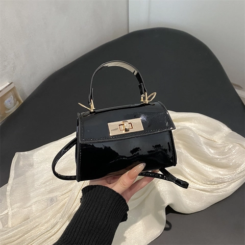 Vintage Glossy Patent PU Leather Mini Square Bag For Women Trendy Metal Lock Crossbody Handbag Small Shoulder Bag For Daily