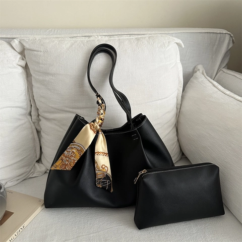Große Kapazität Damen PU Leder Tote Bag Set Mit Bedrucktem Seidentuch Design Zweiteilige Strukturierte Schultertasche Lässige Handtasche