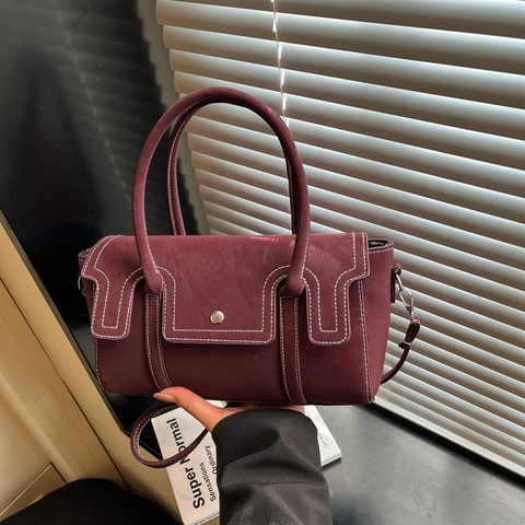 Sac à Épaule Vintage en Cuir PU Avec Surpiqûres Contrastées Grande Capacité Sac à Main Bandoulière Femme Quotidien