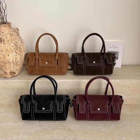 Vintage PU Leather Contrast Stitching Shoulder Bag For Women Retro Handheld Crossbody Square Purse Commuting Fashion Handbag