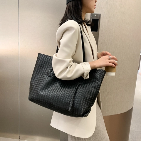 Bolso Tote de PU Trenzado de Gran Capacidad para Mujer Minimalista Urbano Bolso de Mano Street Casual Bolso de Hombro