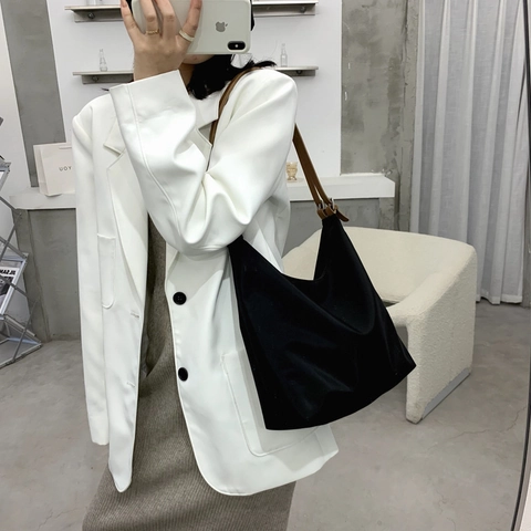 Women Minimalist Nylon Shoulder Bag Large Capacity Contrast Leather Strap Tote Underarm Bag Solid Color Daily Commute Hobo Handbag