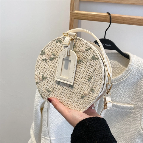 Bolso de Hombro de Paja Tejida Redondo para Mujer Bordado Floral Bolso de Playa de Verano Con Cierre de Cremallera Bolso Pequeño Chic