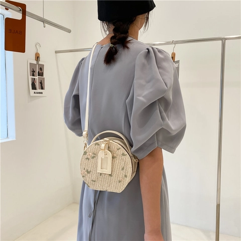 Bolso de Hombro de Paja Tejida Redondo para Mujer Bordado Floral Bolso de Playa de Verano Con Cierre de Cremallera Bolso Pequeño Chic