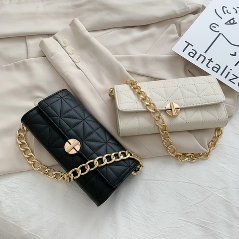 Bolso de Hombro de Axila de Cuero PU para Mujer Acolchado Geométrico Cadena de Oro Gruesa Bolso de Solapa Color Sólido
