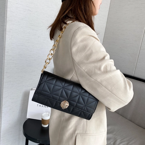 Bolso de Hombro de Axila de Cuero PU para Mujer Acolchado Geométrico Cadena de Oro Gruesa Bolso de Solapa Color Sólido