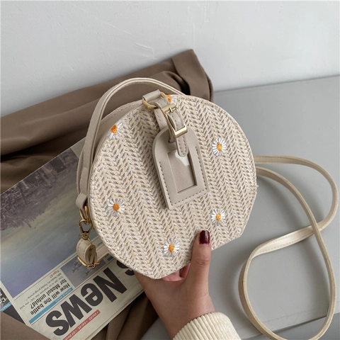 Borsa a Tracolla Rotonda Intrecciata con Ricamo a Margherita Donna Paglia Boemia Pelle PU Borsa a Spalla Spiaggia