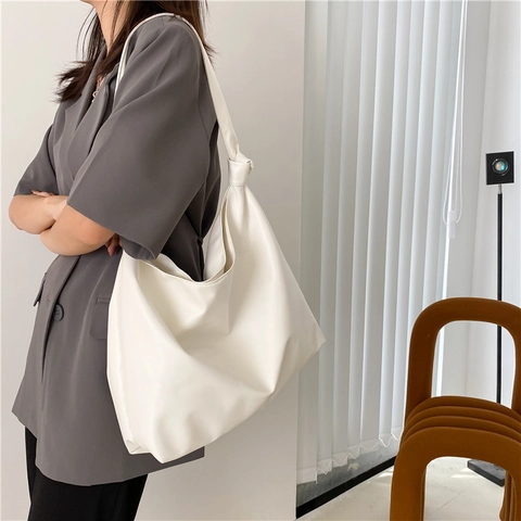 Bolso Hobo de Cuero PU para Mujer Gran Capacidad Bolso Tote Minimalista Color Sólido Con Correa de Hombro de Nudo Vintage