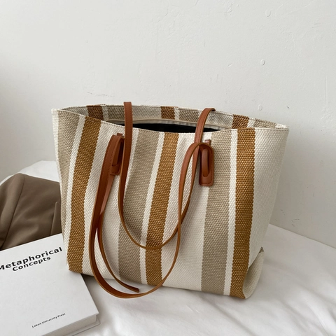 Sac Fourre-tout en Toile Rayée de Grande Capacité pour Femmes Sac à Main Décontracté pour Trajet Quotidien Bureau Voyage Sac à Shopping Polyvalent