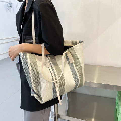 Sac Fourre-tout en Toile Rayée de Grande Capacité pour Femmes Sac à Main Décontracté pour Trajet Quotidien Bureau Voyage Sac à Shopping Polyvalent