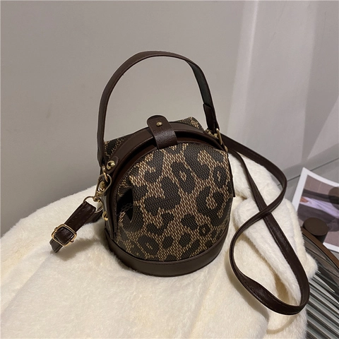 Damen Retro Leopardenmuster Zylinder Schultertasche PU Leder Canvas Handtasche Mode Crossbody Bucket Bag Goldene Fünf Hardware