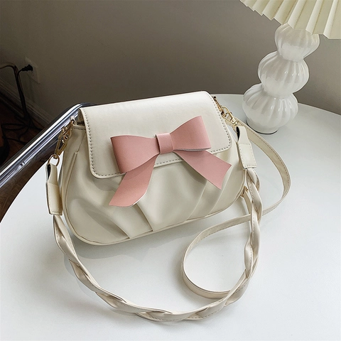 Women Vintage PU Leather Bowknot Ruched Shoulder Bag With Braided Strap Sweet Korean Style Fashion Crossbody Handbag