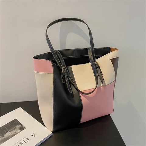 Modern Color Block Patchwork PU Leather Tote Bag Large Capacity Women Casual Shoulder Bag With Adjustable Strap Street Style