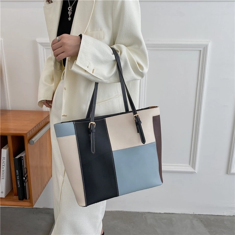 Modern Color Block Patchwork PU Leather Tote Bag Large Capacity Women Casual Shoulder Bag With Adjustable Strap Street Style