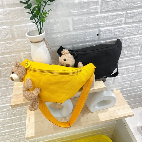 Cute 3D Bear Canvas Chest Bag For Women Adjustable Strap Casual Waist Pack Crossbody Bag Student Fashion Travel Accessory