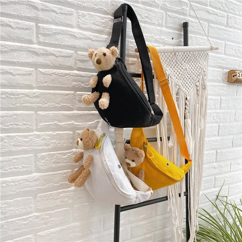 Cute 3D Bear Canvas Chest Bag For Women Adjustable Strap Casual Waist Pack Crossbody Bag Student Fashion Travel Accessory