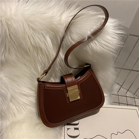 Vintage Minimalist PU Leather Underarm Bag For Women Small Square Shoulder Bag With Metal Lock Casual Fashion Handbag