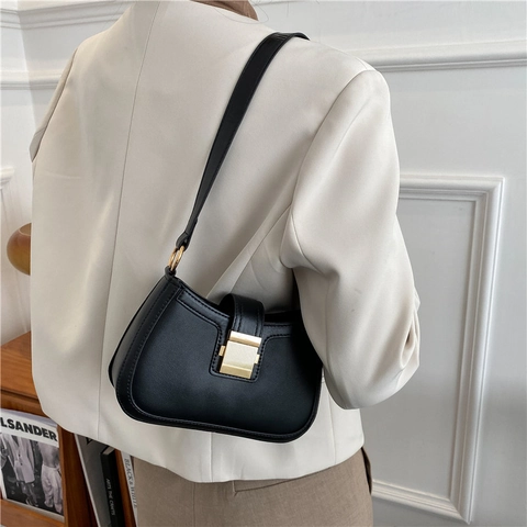 Vintage Minimalist PU Leather Underarm Bag For Women Small Square Shoulder Bag With Metal Lock Casual Fashion Handbag