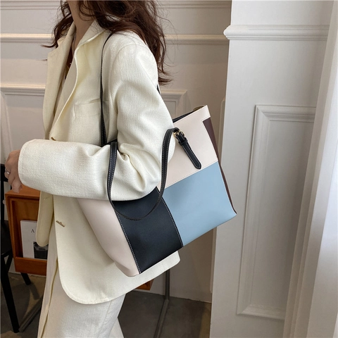 Bolso Tote de Mujer de Cuero PU con Bloques de Color Gran Capacidad Empalme Bolso de Hombro Minimalista Estilo Callejero Viaje